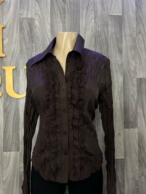Women's Ruffled Button-Down Shirt in Dark Brown